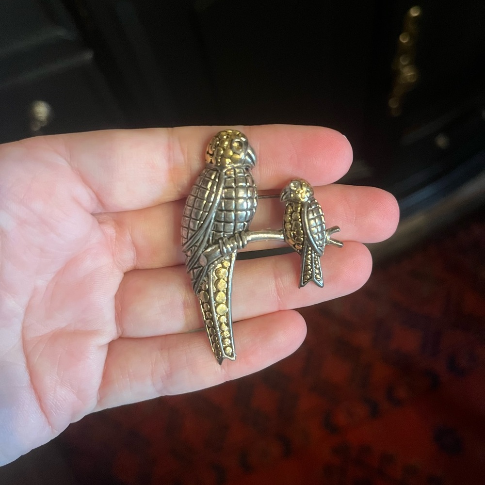 Vintage Silver and Gold Tone Parrots sitting Brooch